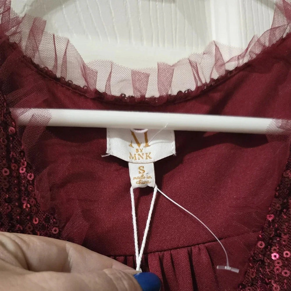 NWT M By MNK Sequined Babydoll Mini Party Dress in Burgundy, Tulle Trim Details. - Picture 6 of 15